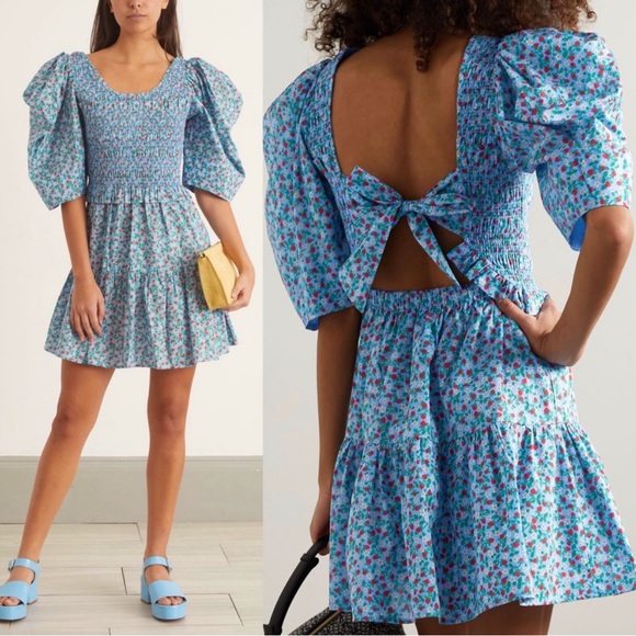 (Sold) SEA Liberty Strawberry Floral Puff Sleeve Smocked Tie Back Tiered Ruffle - Picture 6 of 13